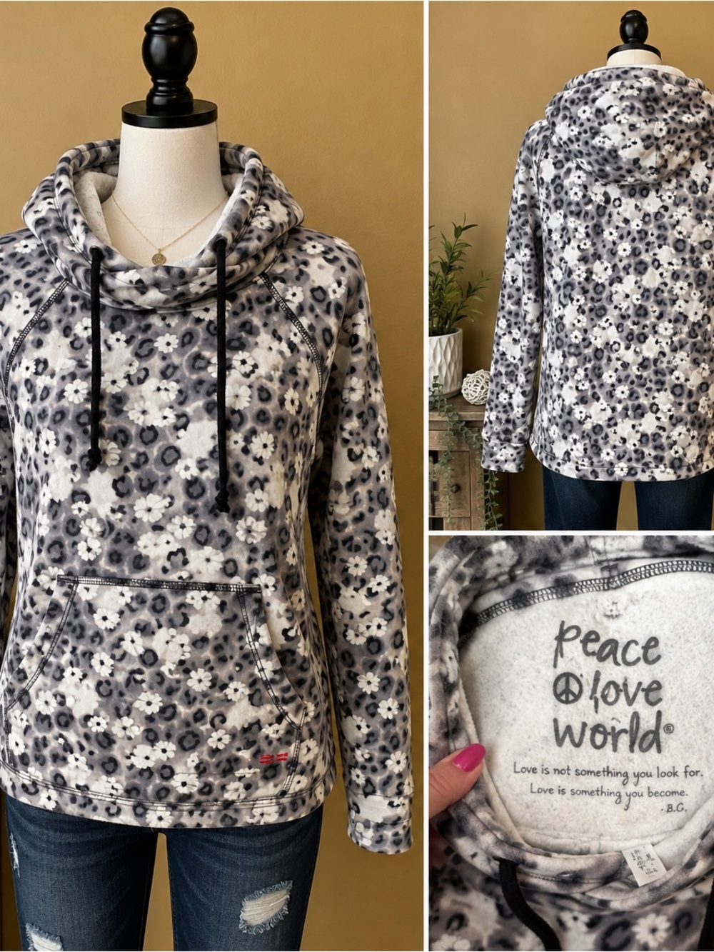 Peace Love World Black and White Floral Cowl Hooded Pullover